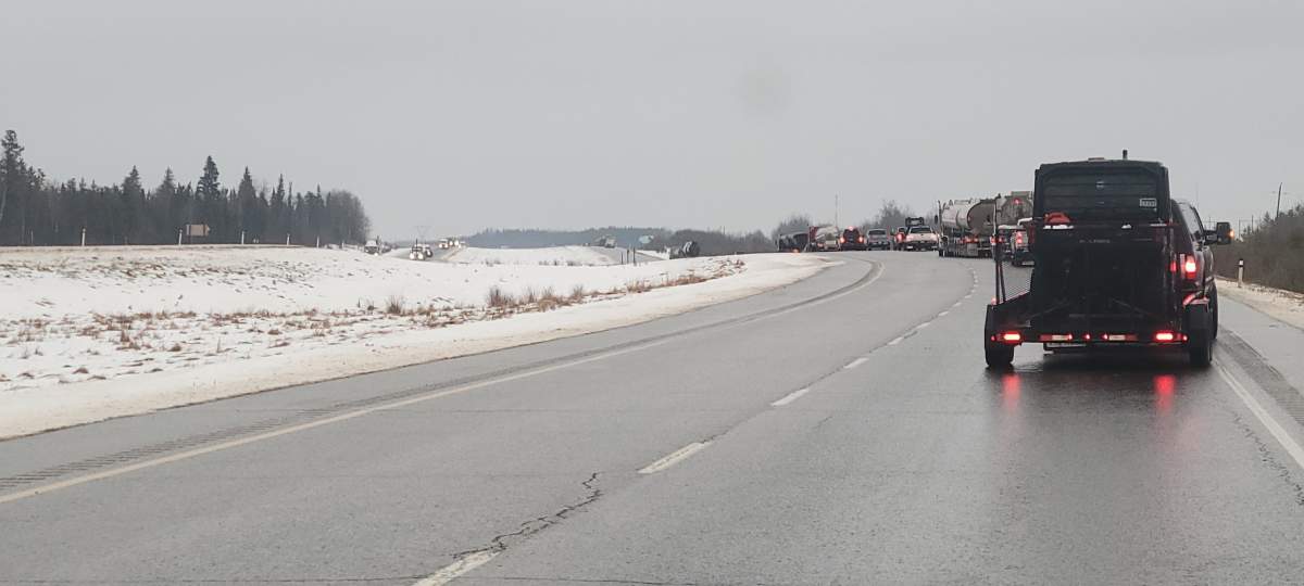 Freezing rain led to vehicles sliding off Highway 63, south of Fort McMurray, Alta., on Friday, November 21, 2025.