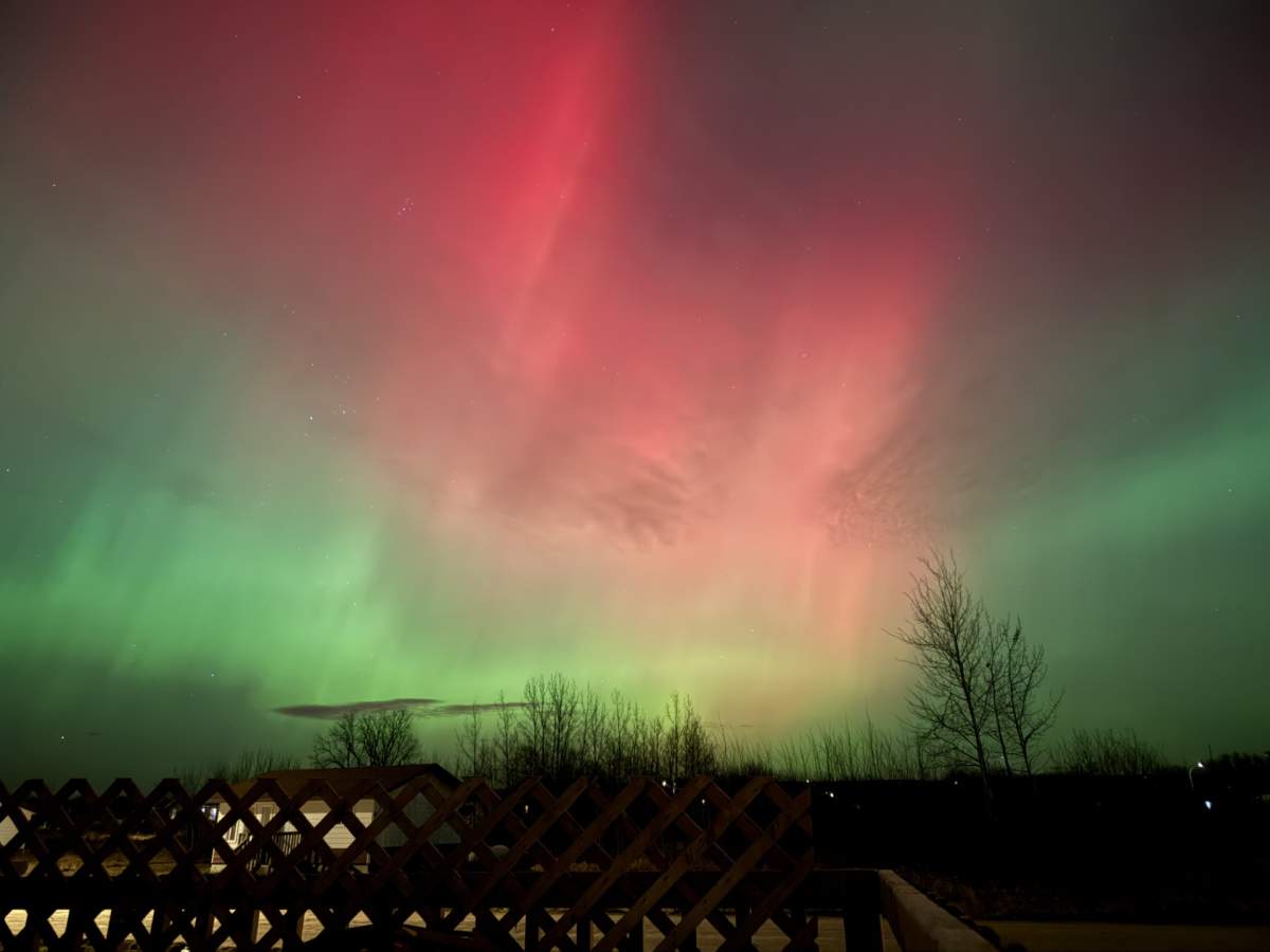 Various colours of an aurora borealis lights up the sky over Shoal Lake Cree Nation on Tuesday, Nov. 11, 2025.
