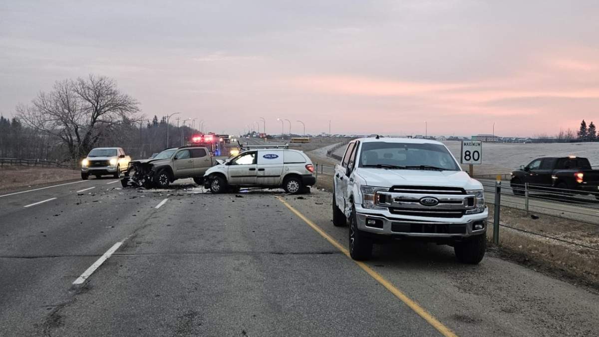 A three-vehicle crash on Highway 16A near 231 Street, at the boundary between the City of Edmonton and Parkland County, on the morning of Thursday, Nov. 27, 2025.