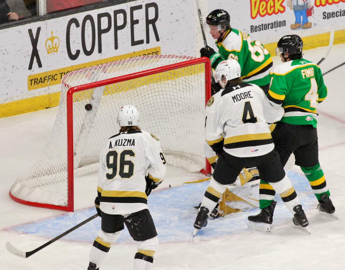 Braidy Wassilyn lifts a shot into the Kingston net for his first goal as a London Knight on Nov. 2, 2025.