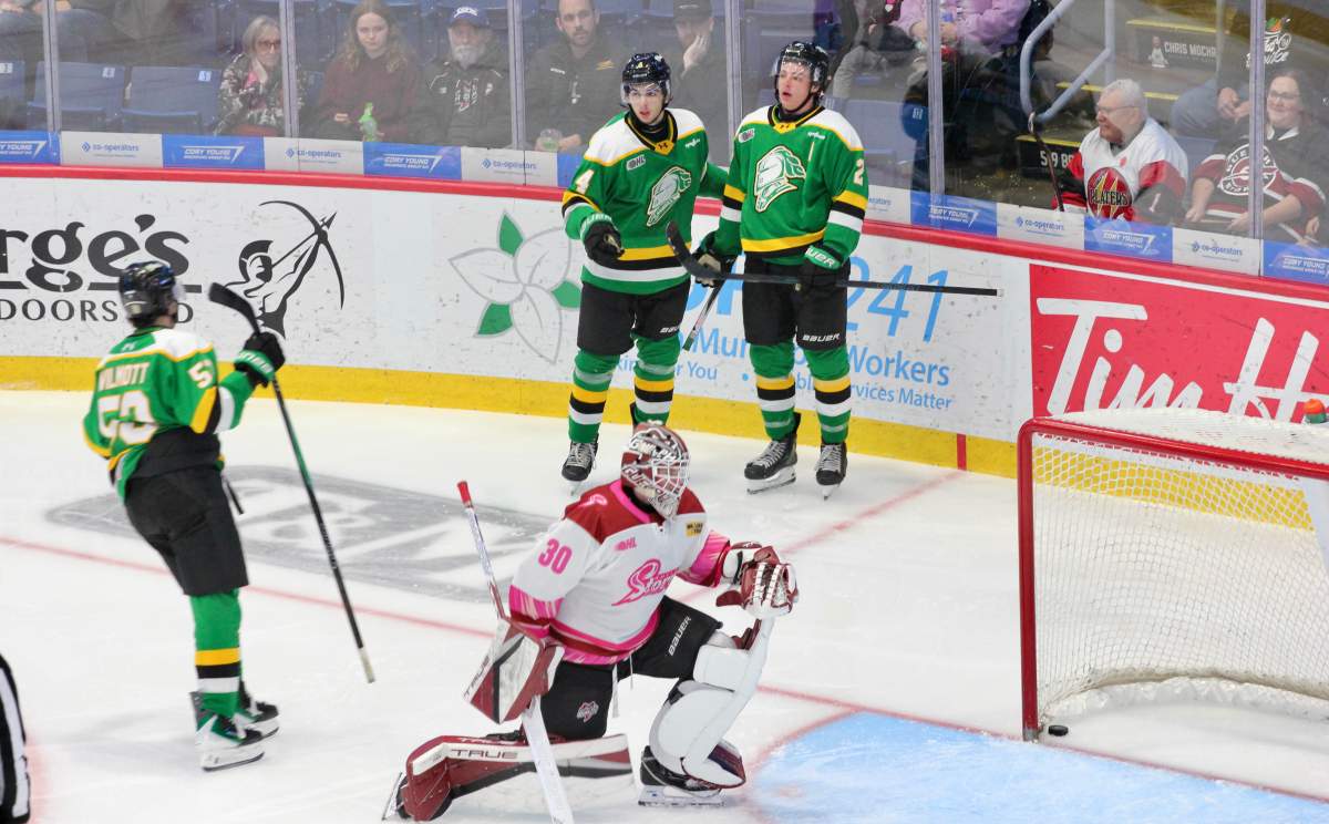 The London Knights celebrate a goal by Henry Brzustewicz during a 6-4 loss to the Guelph Storm on Nov. 5, 2025.
