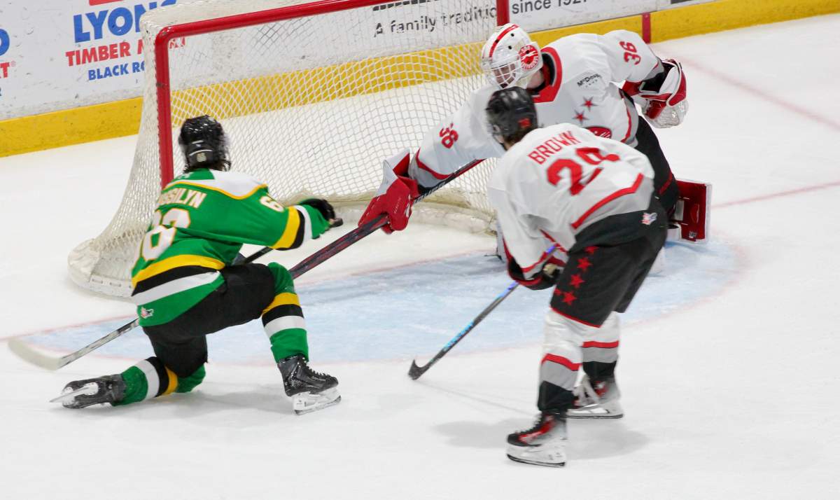 Braidy Wassilyn of the London Knights scores his fourth goal in his last four games in a 4-3 London win over the Soo Greyhounds on Nov. 22, 2025.