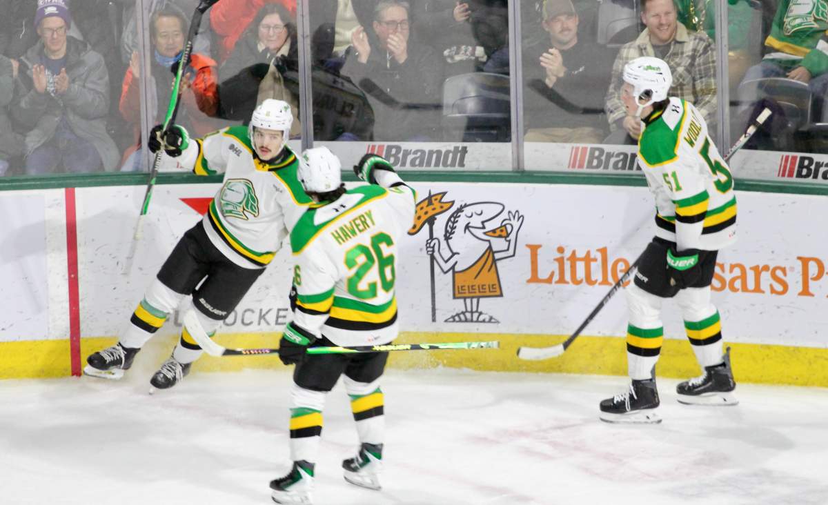 Braiden Clark of the London Knights celebrates his first period goal that came with 0.9 seconds remaining on the clock in a game played against the Saginaw Spirit at Canada Life Place on Nov. 28, 2025.