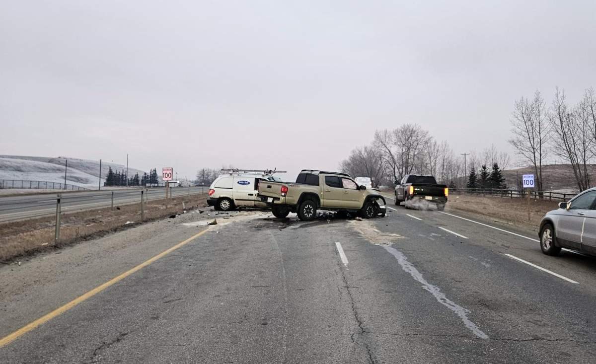 A three-vehicle crash on Highway 16A near 231 Street, at the border between the City of Edmonton and Parkland County, on the morning of Thursday, Nov. 27, 2025.