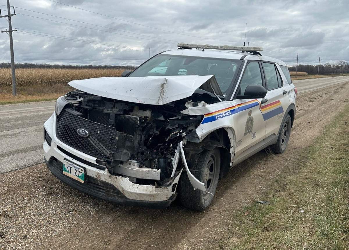 A damaged Winnipeg police cruiser is pictured after a chase with a stolen vehicle Friday.