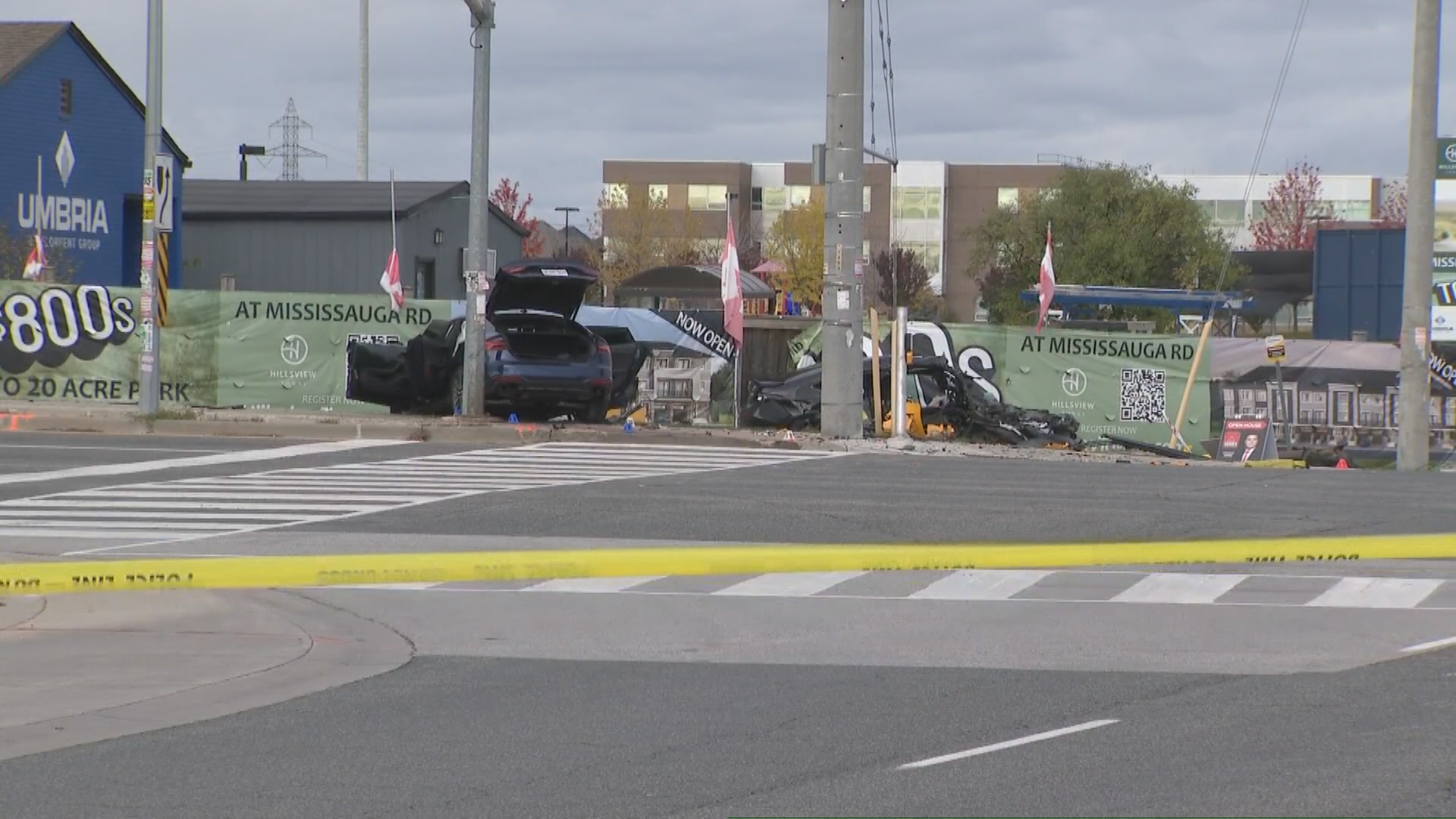 Police at the scene following a fatal crash involving two vehicles in Brampton, Ont., on Nov. 1, 2025.