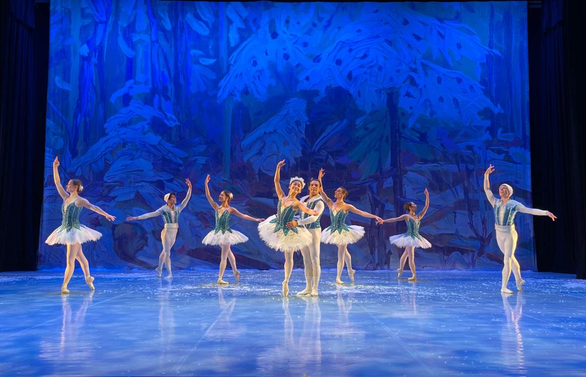Ballerinas dance during a performance of The Nutcracker – A Canadian Tradition in front of a hand-painted backdrop.