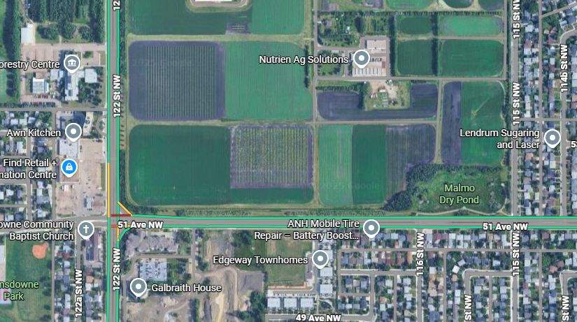 The location where the new Stollery Children’s Hospital will be located in south Edmonton, just off 51 Avenue and 122 Street.