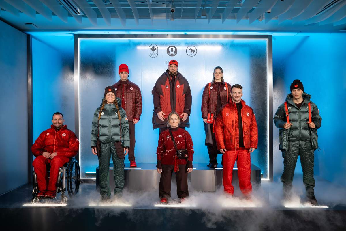 Members of the Canadian Olympic Committee's roster of athletes pose wearing Lululemon's latest collection for the 2026 Milan Winter Games.