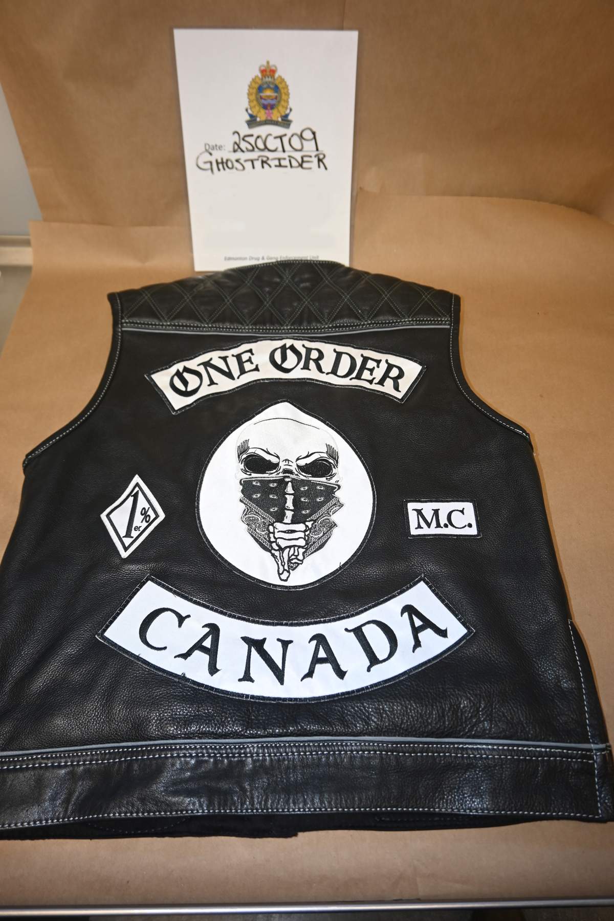 A One Order Motorcycle Club vest on display at an Edmonton Police Service news conference onTuesday, November 25, 2025.