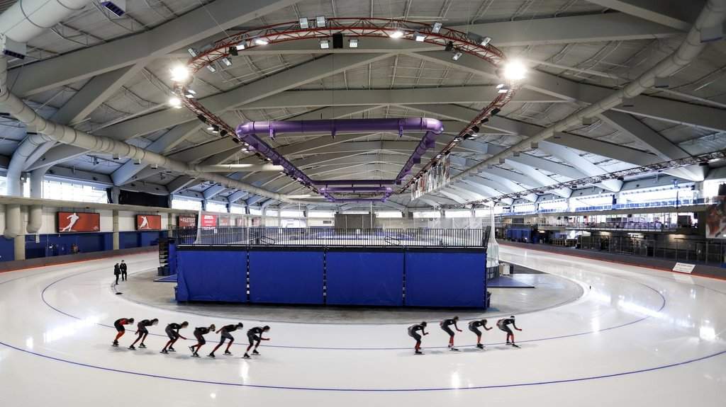Canadian national long track speed skating team members train on the ice at the Olympic Oval in Calgary, Alta., Friday, June 11, 2021.