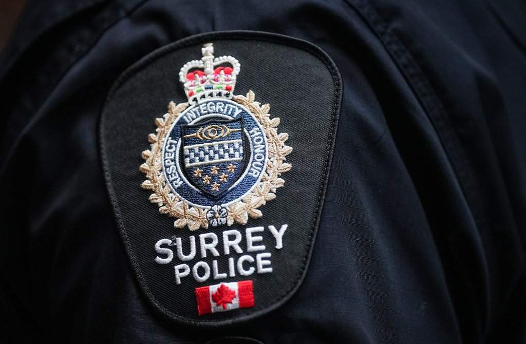 A Surrey Police Service patch is seen on an officer's uniform in Surrey, B.C., on Friday, Nov. 29, 2024.