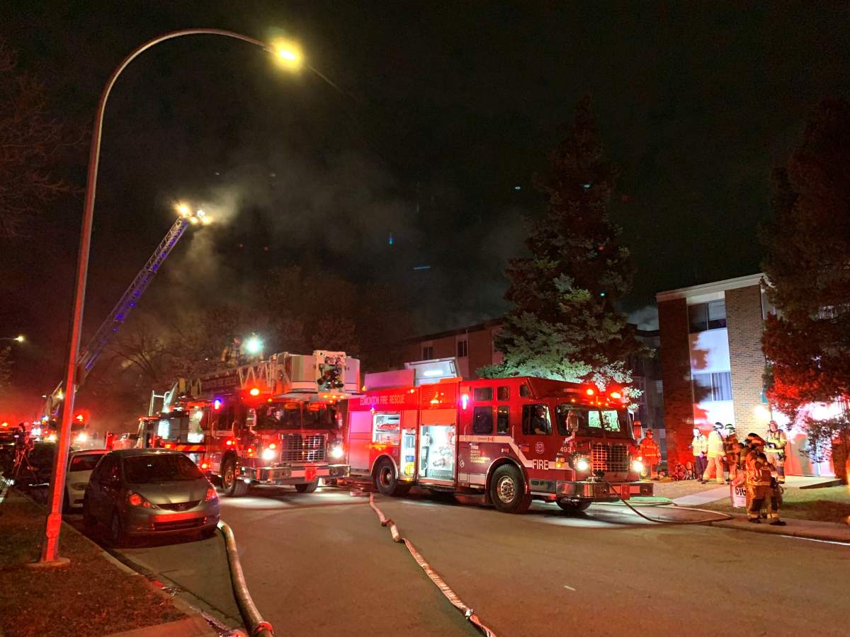 The Lyndon Court (10131 152 St.) apartment building in west Edmonton's Canora neighbourhood was heavily damaged by fire on Thursday, Nov. 13, 2025.