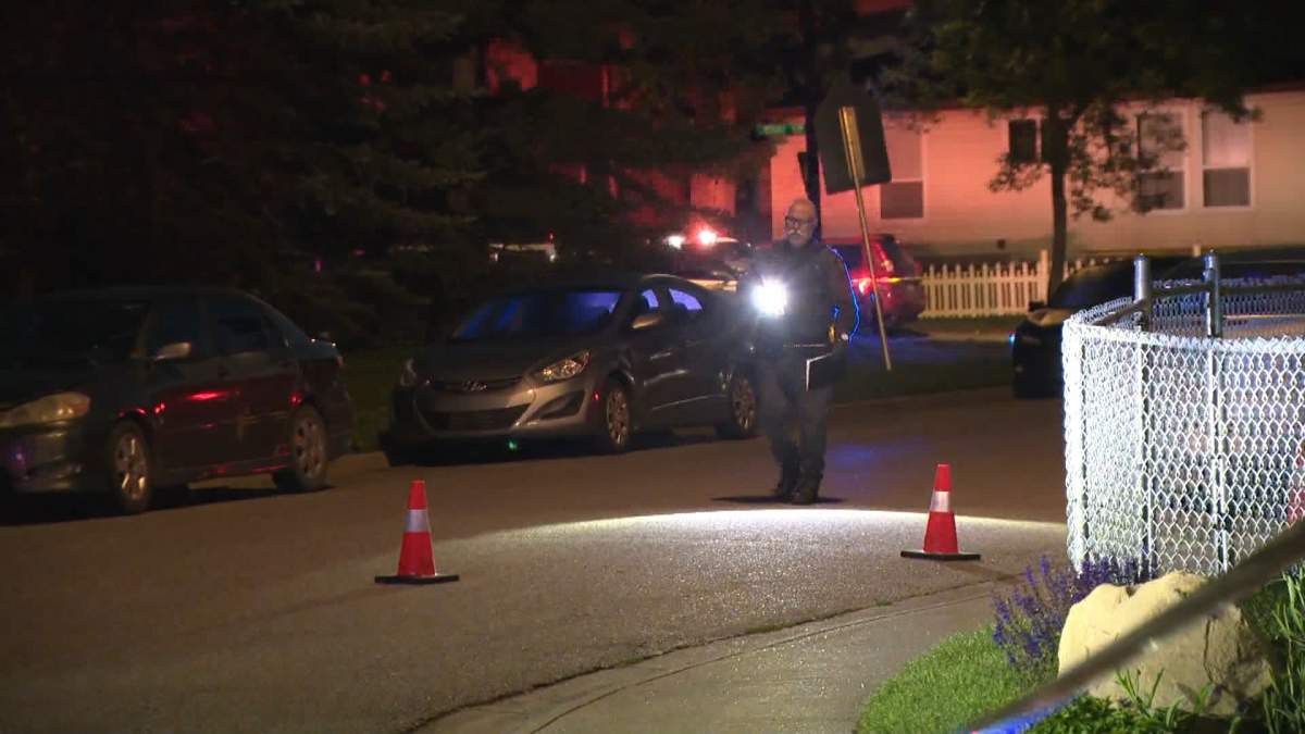 Calgary police are seen searching the scene in the community of Abbeydale on Aug. 1, where a 16-year-old boy was found dead.