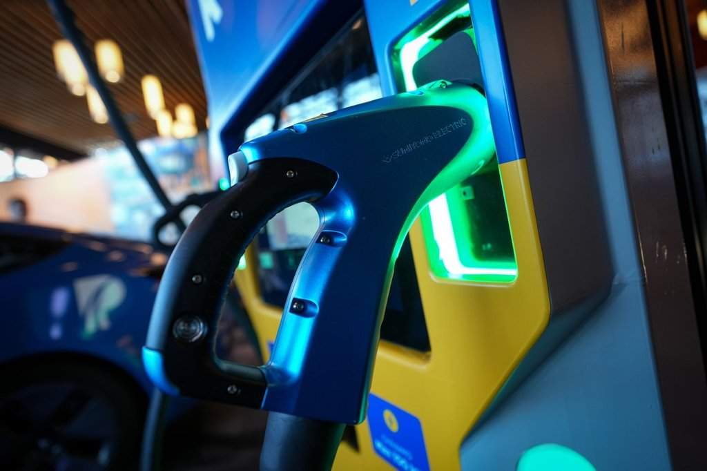 A DC fast charging station manufactured by Sumitomo Electric is seen at Fully Charged Live, an electric vehicle (EV), renewable and clean energy and urban mobility exhibition, in Vancouver on Friday, Sept. 8, 2023.