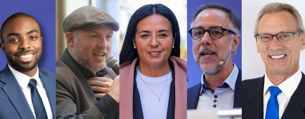 From left: Jean-François Kacou of Futur Montréal, Craig Sauvé, leader of the new party Transition Montréal, Soraya Martinez Ferrada, leader of Ensemble Montréal, Luc Rabouin, leader of Projet Montréal, and Gilbert Thibodeau of Action Montréal.