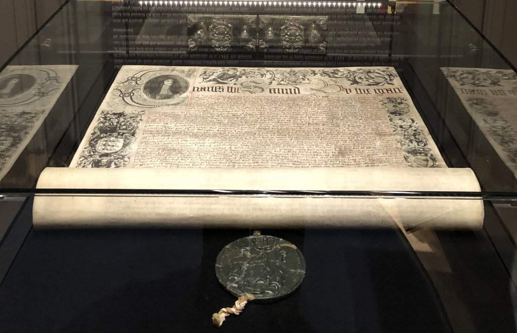 The 1670 royal charter signed by King Charles II establishing Hudson's Bay, is shown on display at the Manitoba Museum where it was loaned to be displayed alongside its permanent collection of Hudson's Bay artifacts. 