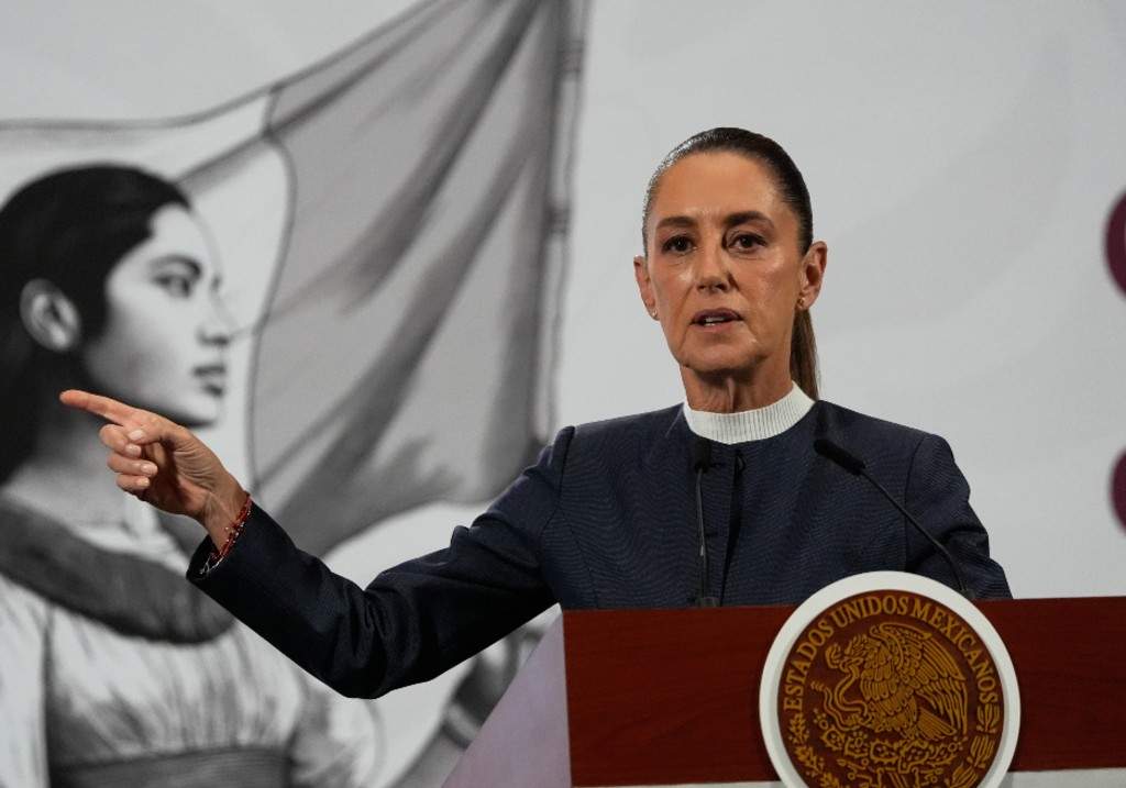 Mexican President Claudia Sheinbaum gives a morning press conference at the National Palace in Mexico City, Monday, Nov. 3, 2025.