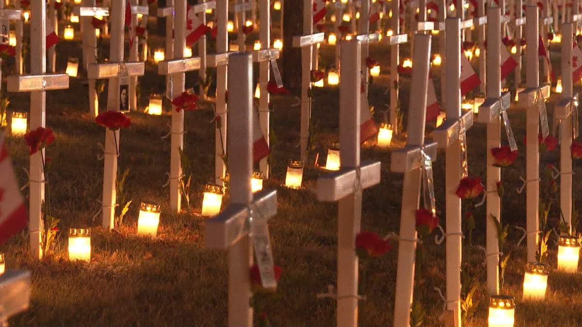 On the evening of Nov. 10, "The Night of Lights," lanterns are placed in front of the 3,620 crosses where they will burn from sunset until sunrise on Remembrance Day.