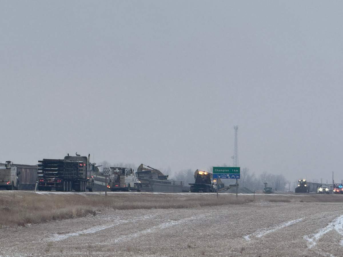 CKPC says the derailment happeed around noon on Thursday when 34 cars jumped the tracks near Champion, AB, about 90 minutes southeast of Calgary.