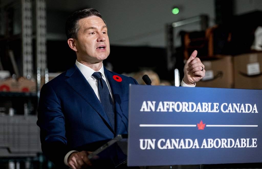 Leader of the Conservative Party Pierre Poilievre speaks during a press conference in Ottawa, on Sunday, Nov. 2, 2025. THE CANADIAN PRESS/Spencer Colby.