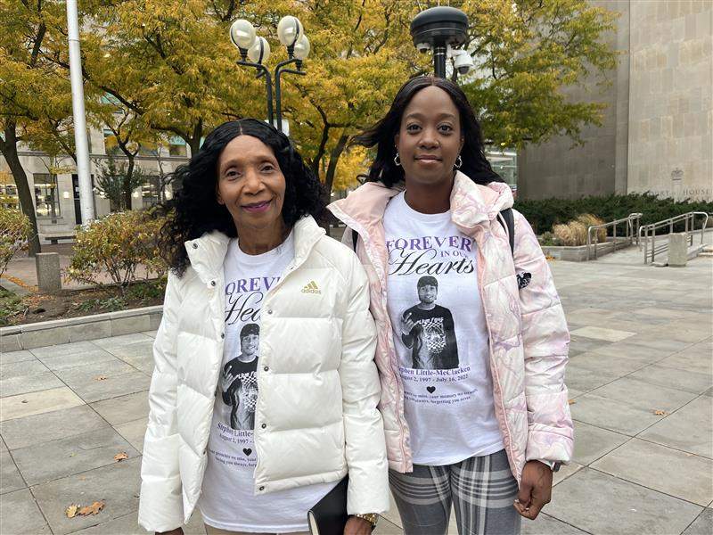 Jillian Little, left, and Vanessa Little, the mother and sister of Stephen Little-McClacken are pictured in Toronto on Nov. 5, 2025. The trial of the man alleged to have murdered Little-McClacken is ongoing.