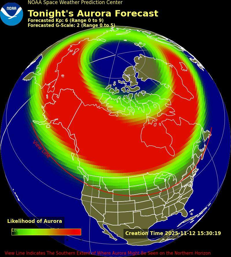 A map produced by the U.S. National Oceanic and Atmospheric Administration’s Space Weather Prediction Center shows who can see the aurora borealis on Wednesday, Nov. 12, 2025.