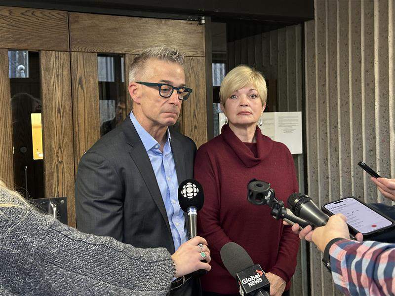 Ryan Sawyer's parents speak to the media outside the courtroom after a former bar bouncer was found guilty of manslaughter in Sawyer's death.