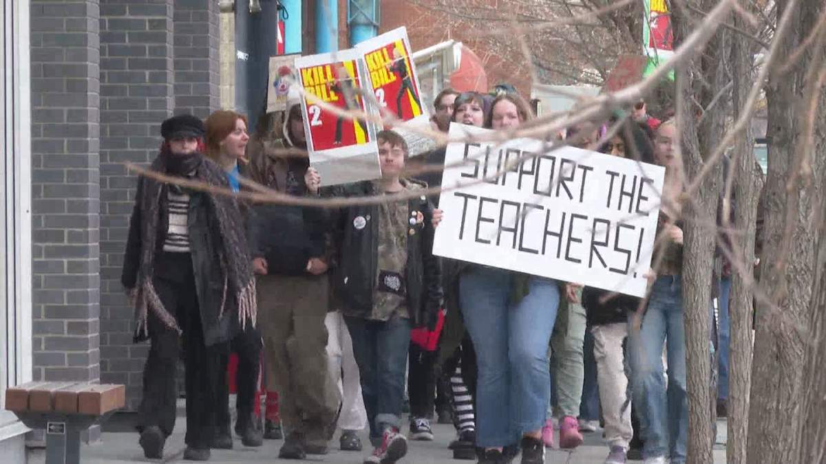 Many post secondary students joined noisy protests in Calgary on Monday, upset against the provincial government's decision to legislate and end to the recent provincial teachers strike.