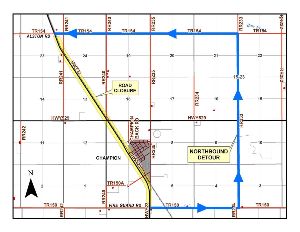 A map posted on social media by Vulcan County, shows a section of Highway 23 that was shut down following the derailment to give cleanup crews room to work.
