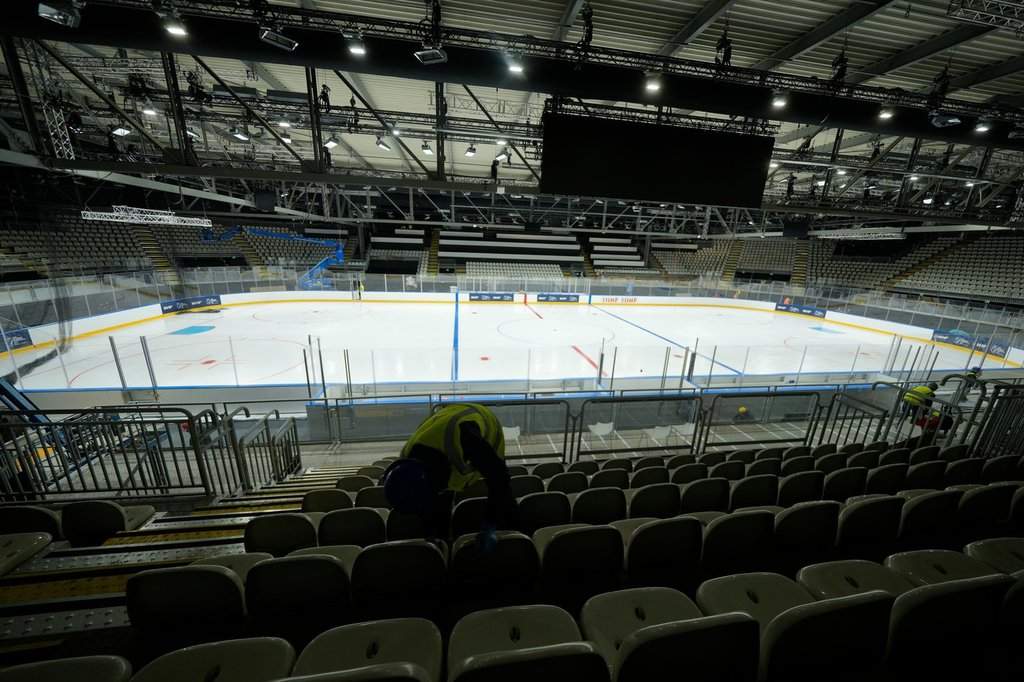 An overview of the Ice Skating Arena where some Ice Hockey matches of the Milan Cortina 2026 Winter Olympics will take place, in Rho, outskirt of Milan, Friday, Dec.5, 2025. (AP Photo/Luca Bruno).