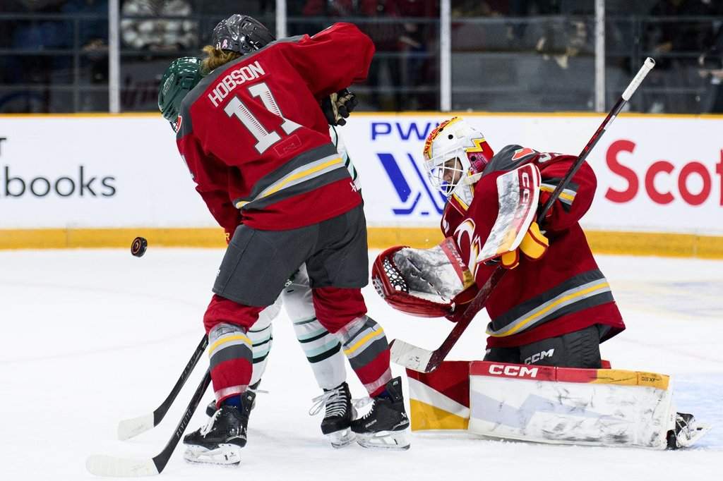 Ottawa Charge goaltender Gwyneth Philips (33) looks for the puck through teammate Brooke Hobson (11) and Boston Fleet’s Theresa Schafzahl (17) during second period PWHL hockey action in Ottawa, on Saturday, Dec. 27, 2025. THE CANADIAN PRESS/Spencer Colby.