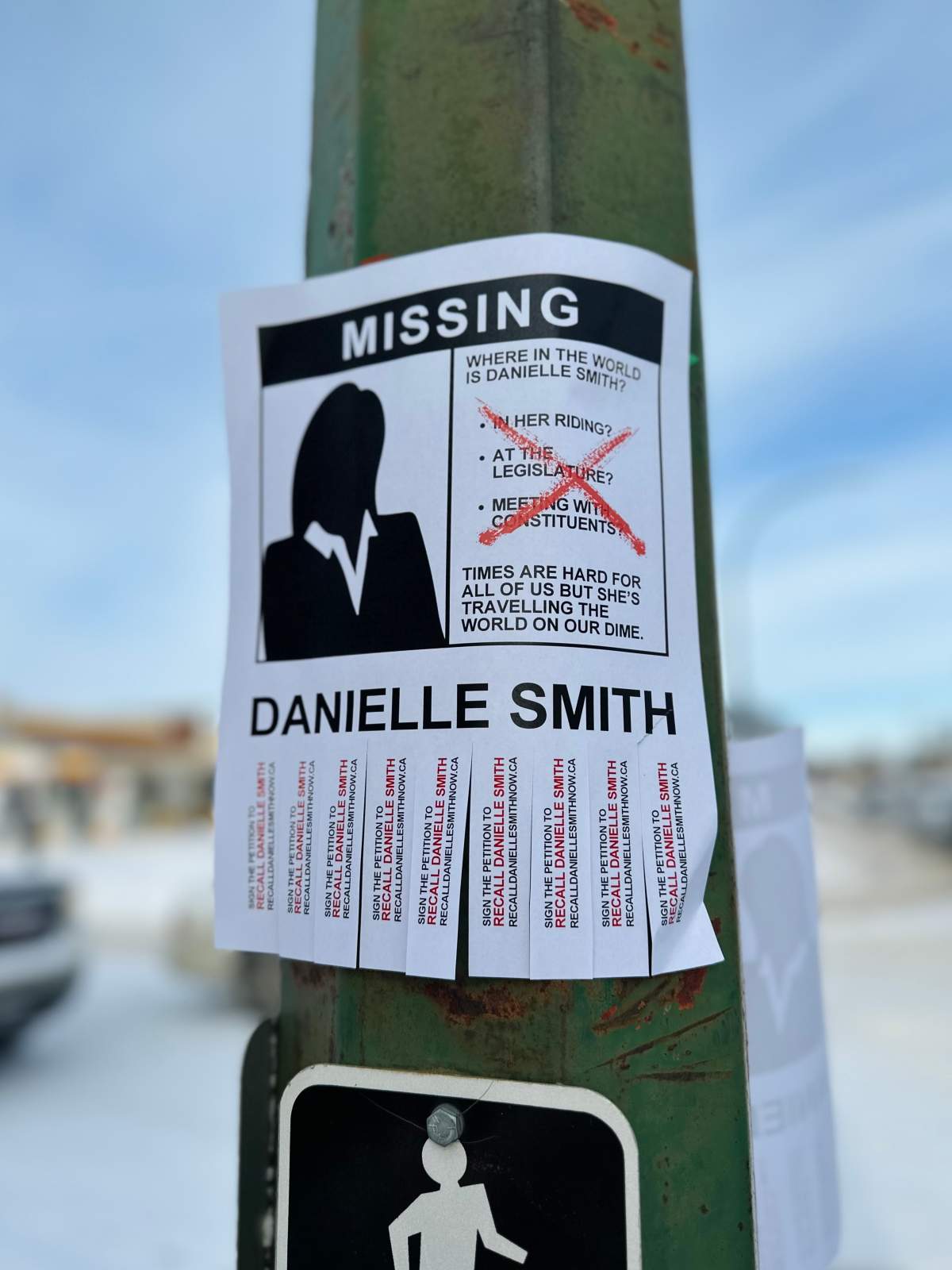 A poster in Medicine Hat, Alta. promoting the recall petition for local MLA, Premier Danielle Smith, in December 2025.