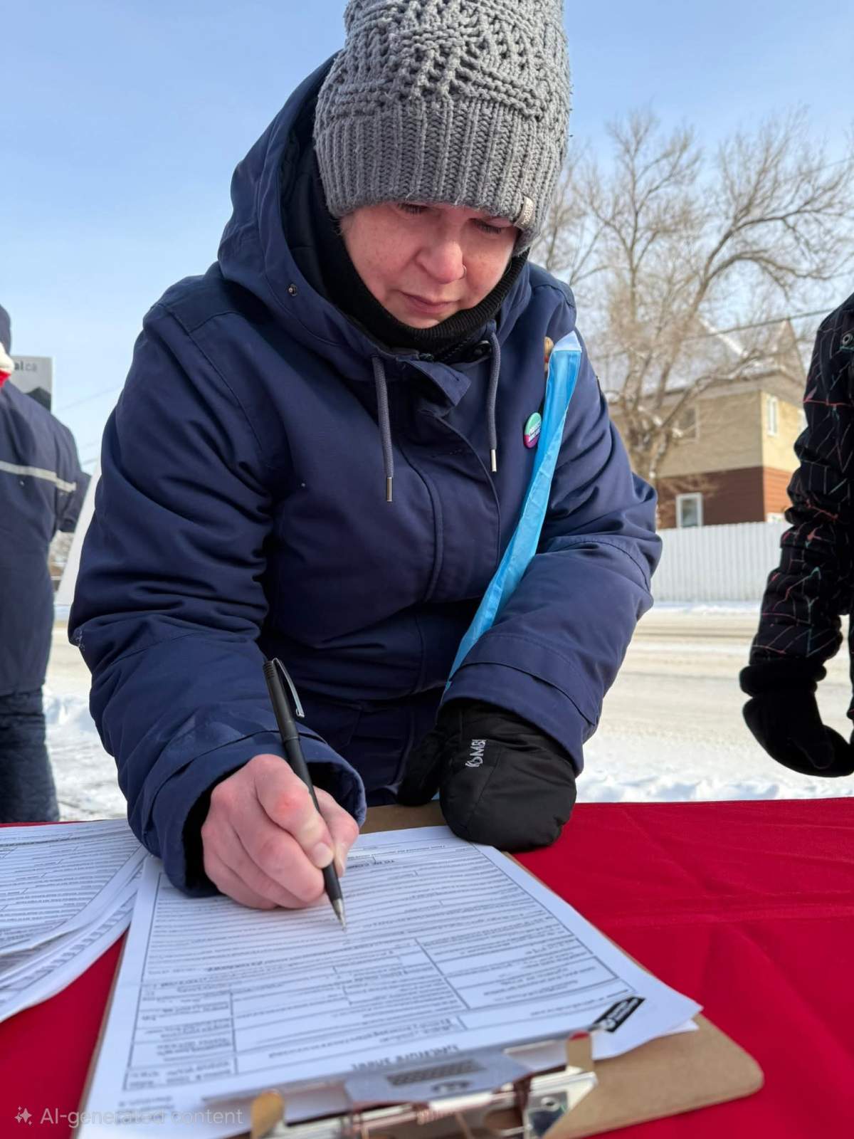 A resident of Medicine Hat, Alta. signing a recall petition for local MLA, Premier Danielle Smith, in December 2025.