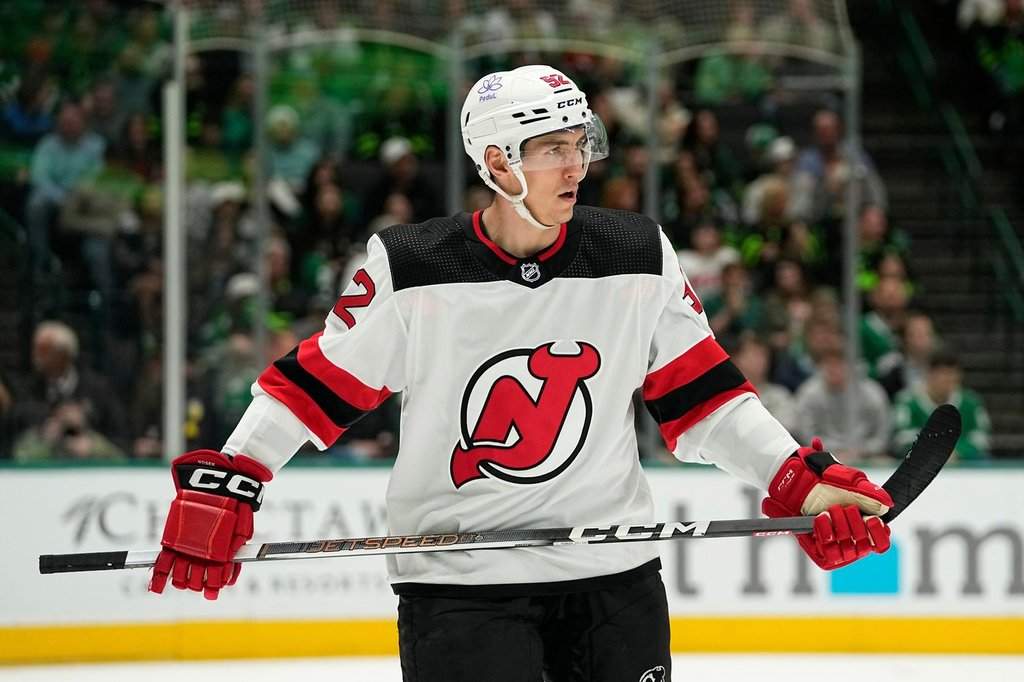 FILE - New Jersey Devils' Cal Foote waits on a face off during an NHL hockey game against the Dallas Stars in Dallas, March 14, 2024. 