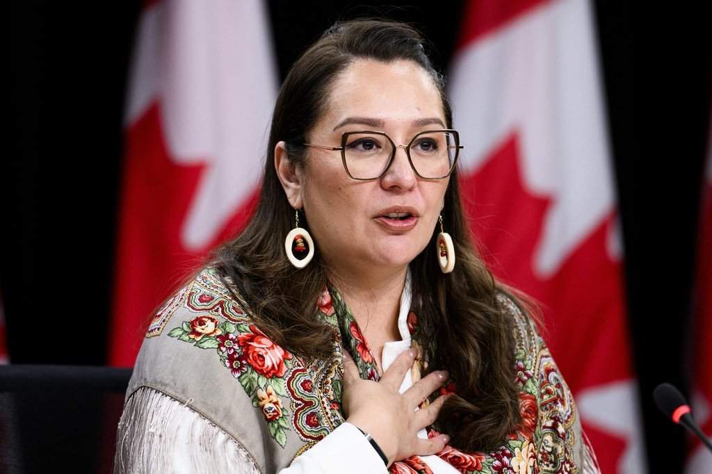 Minister of Indigenous Services Mandy Gull-Masty speaks during a press conference at the National Press Theatre in Ottawa, on Monday, Dec. 22, 2025. THE CANADIAN PRESS/Spencer Colby.
