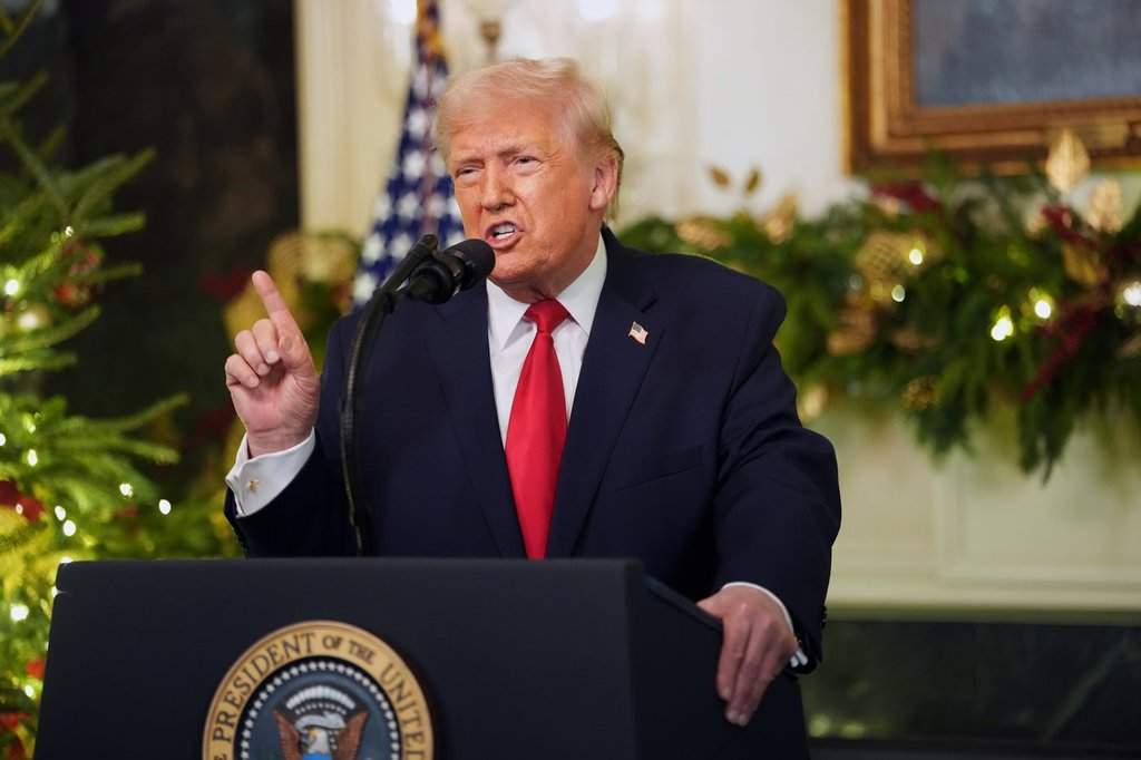 President Donald Trump speaks during an address to the nation from the Diplomatic Reception Room at the White House, Wednesday, Dec. 17, 2025, in Washington.