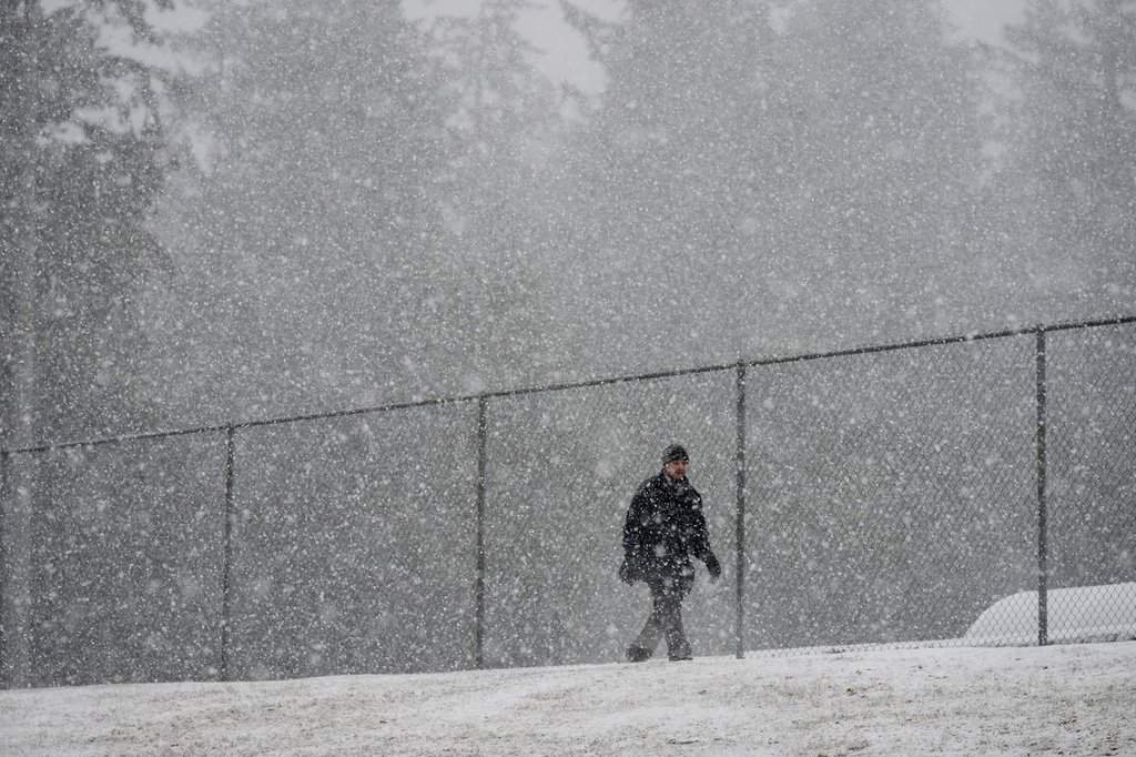Heavy snow falls as a pedestrian walks through Central Park in Burnaby, B.C., on Tuesday, Nov. 29, 2022. THE CANADIAN PRESS/Darryl Dyck.