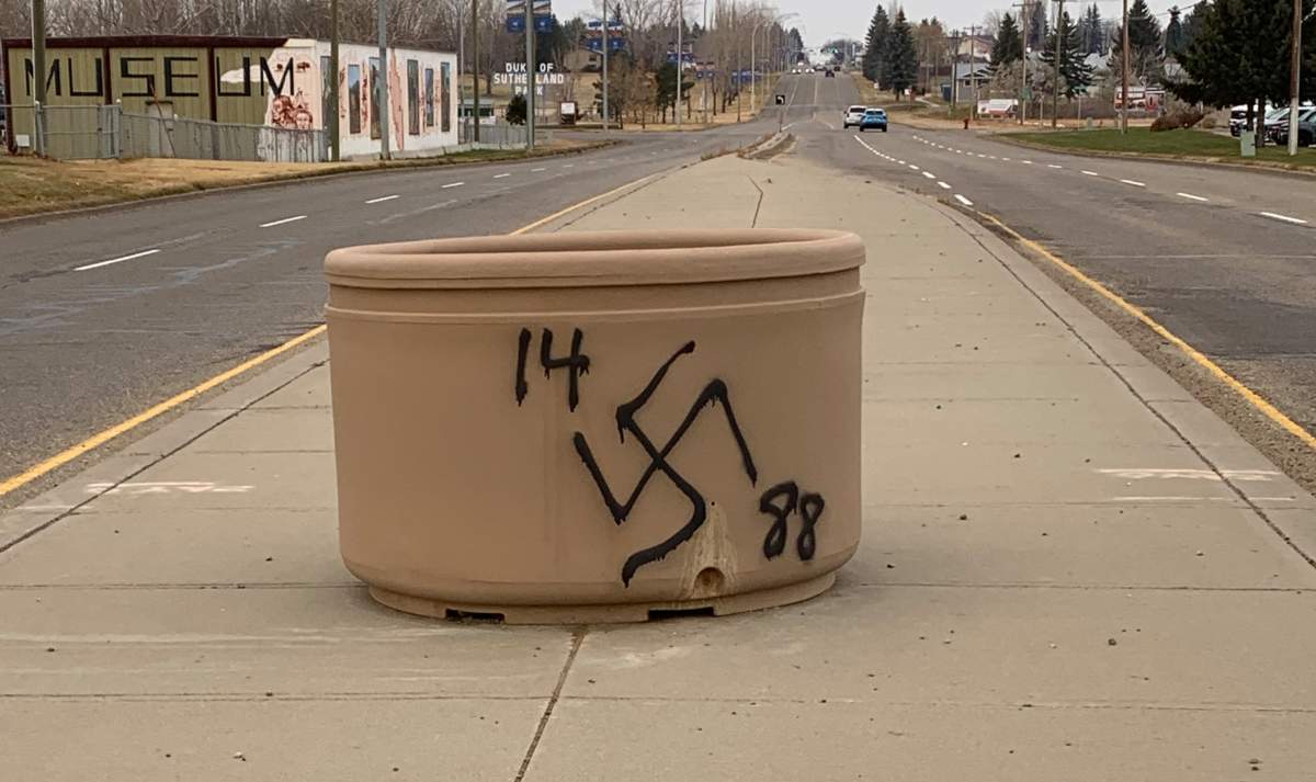 RCMP describe the graffiti as anti-immigrant and white supremacist that "have no place in our city."