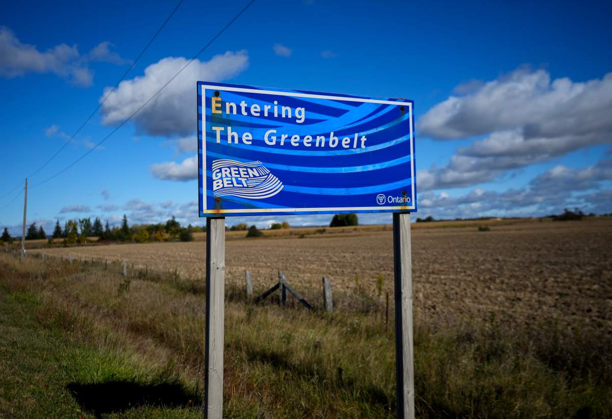 An Ontario Greenbelt sign is shown by farmland near Caledon, Ont., on Thursday, October 12, 2023. Ontario's municipal affairs and housing minister is expected to introduce legislation today to return parcels of land to the protected Greenbelt. 