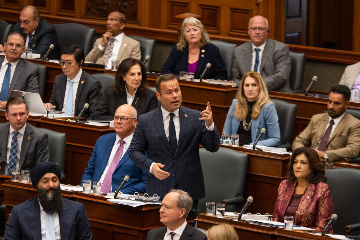 Ontario Minister of Labour, Immigration, Training and Skills Development David Piccini speaks during Question Period at Queen’s Park in Toronto, on Monday, Oct. 20, 2025. 