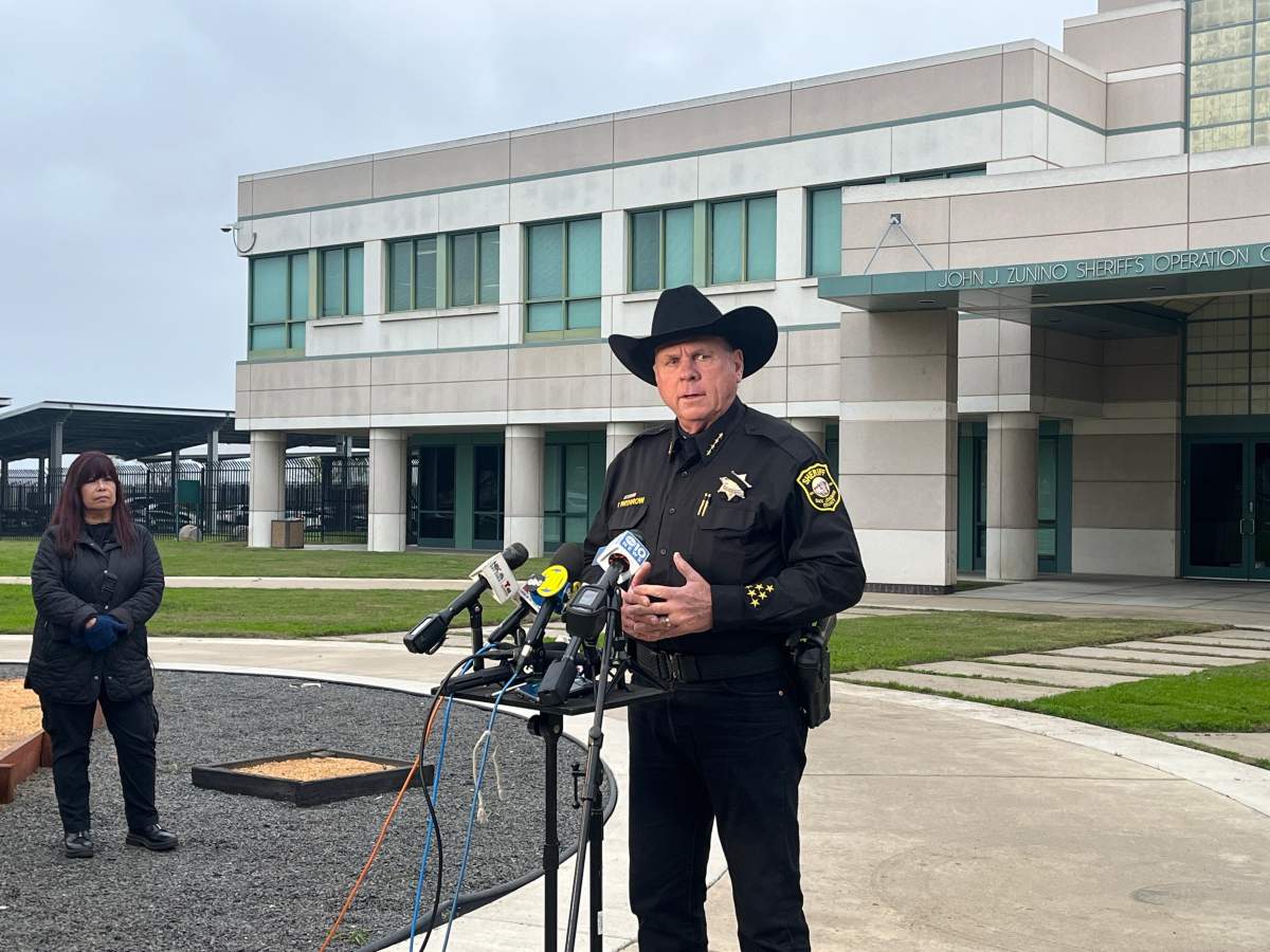 San Joaquin County Sheriff Patrick Withrow speaks to the press outside of the sheriff’s office in French Camp, San Joaquin County, Calif., Sunday, Nov. 30, 2025.