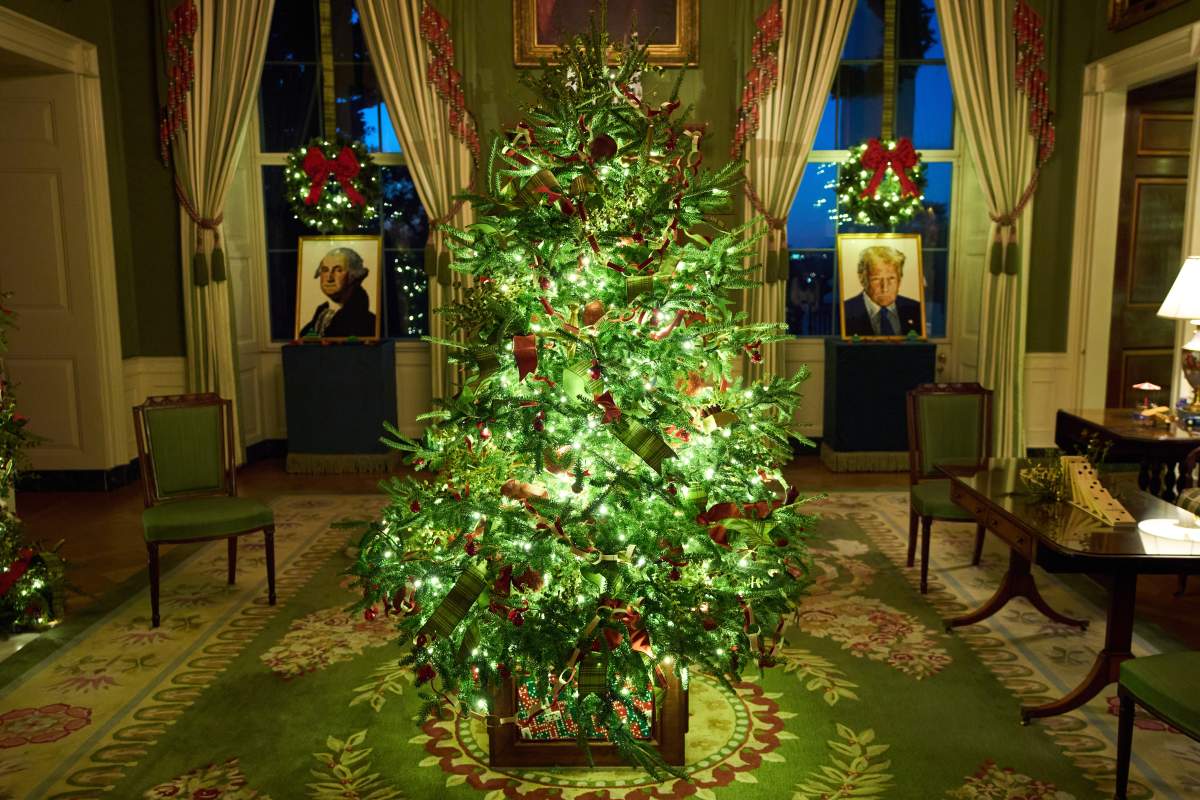 A Lego portrait of President Donald Trump decorates the Green Room of the White House during a press preview of the Christmas decorations 'Home is Where the Heart Is,' Monday, Dec. 1, 2025, in Washington.