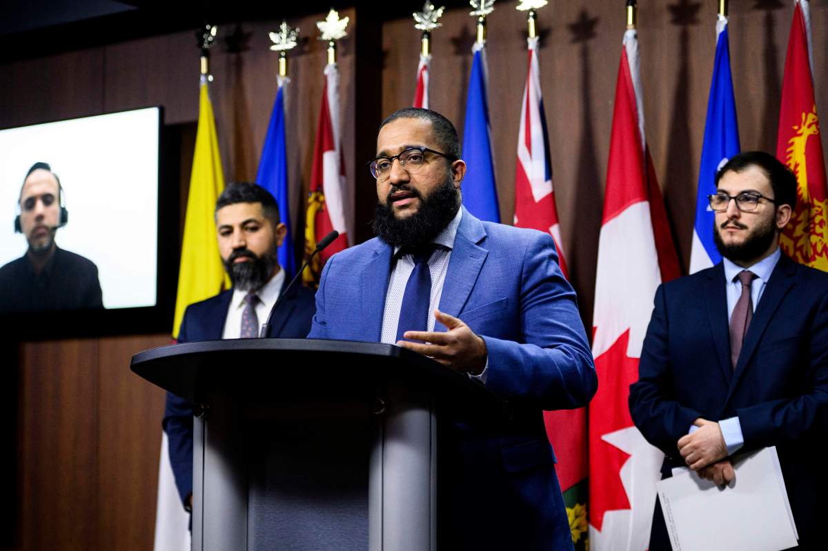 Executive Director of The Canadian-Muslim Vote Umair Ashraf speaks during a press conference on Parliament Hill in Ottawa, on Monday, Dec. 29, 2025.