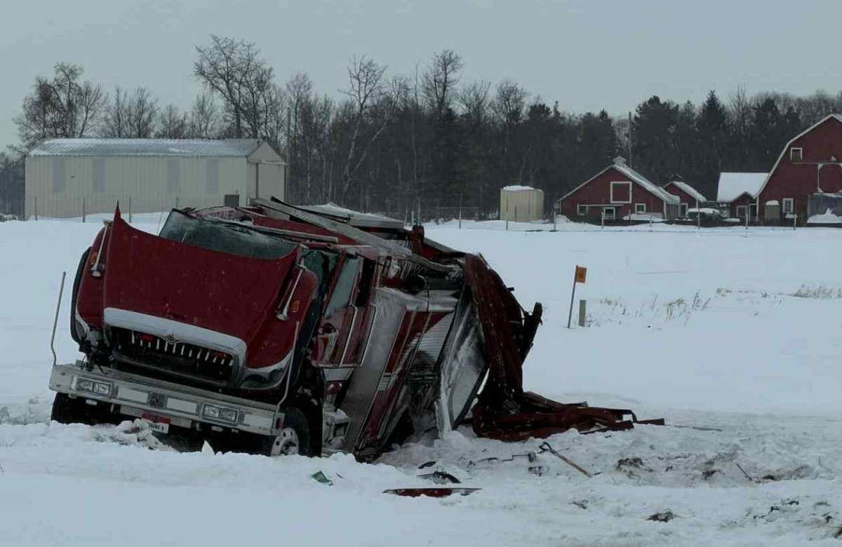 A firetruck lost control amid freezing rain and rolled off Highway 28 near Morinville in Sturgeon County on Tuesday, December 30, 2025.