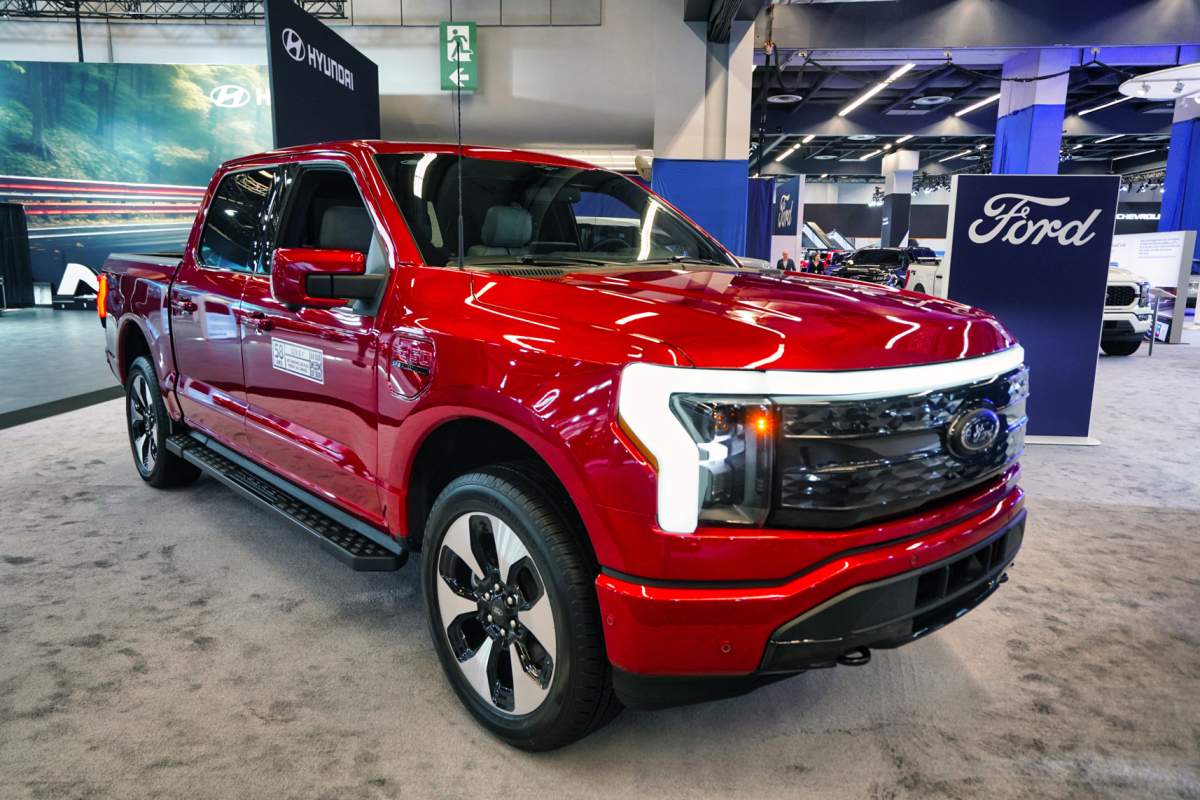 An all electric 2023 Ford F-150 Lightning pick-up truck is pictured at the Montreal Autoshow in Montreal, Quebec, Thursday, January 18, 2024.