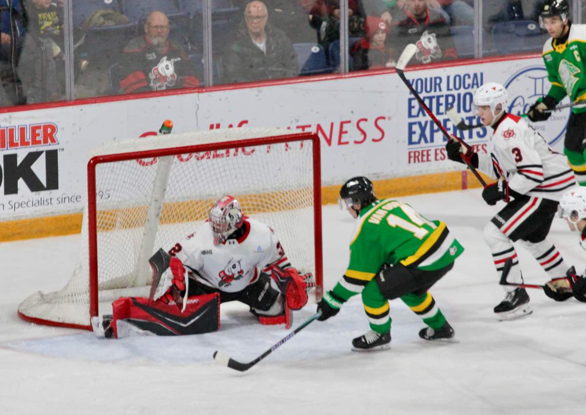 Evan Van Gorp scores his seventh goal of the year in a game between the London Knights and the Niagara IceDogs played on Dec. 11, 2025 at the Meridian Centre.