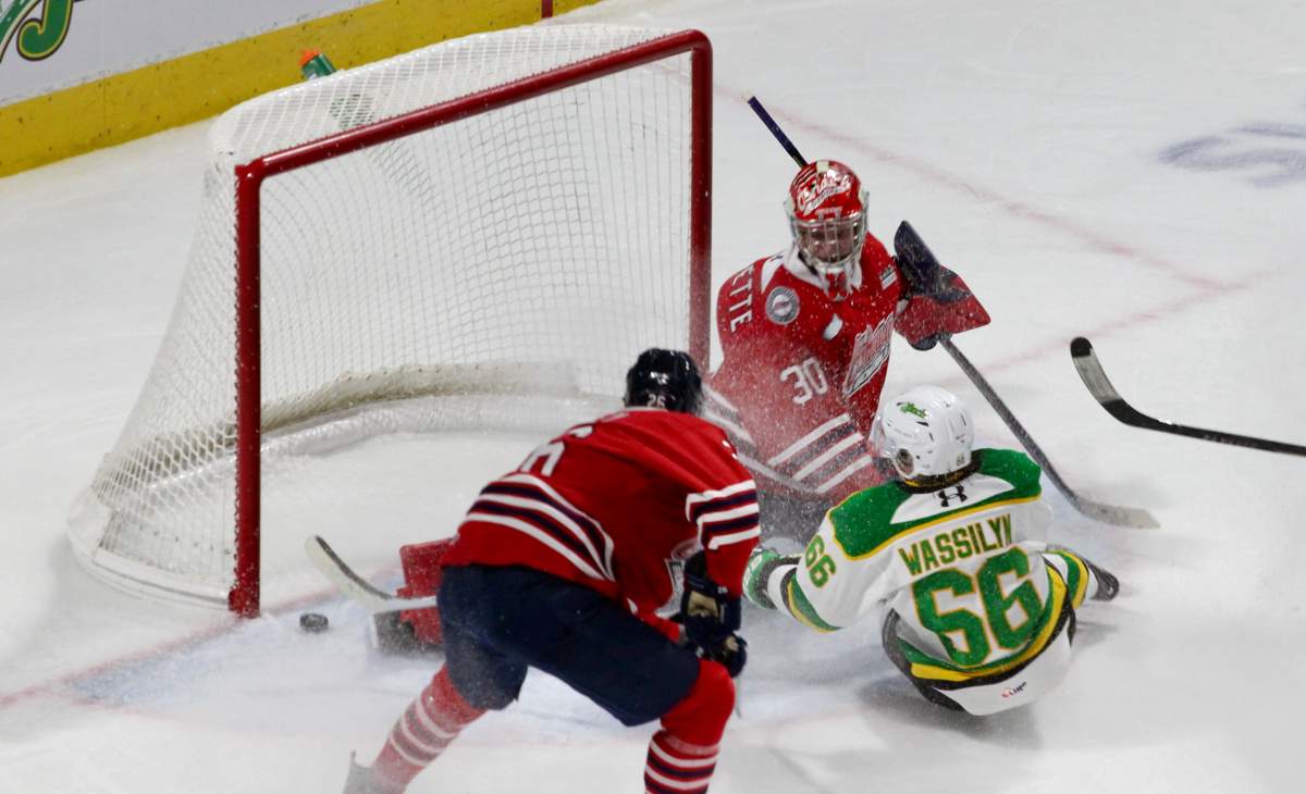 Braidy Wassilyn scores a breakaway goal for the London Knights against the Oshawa Generals in a game played at Canada Life Place on Dec. 19, 2025.