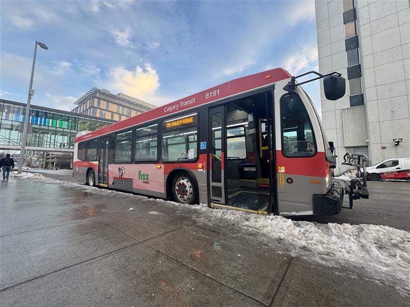 A bus sits at the beginning of Calgary Transit's Route 70, known as the Valley Ridge Express, on Dec. 3, 2025.