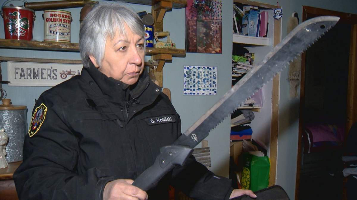 Kobliski shows a machete that First Nations Safety Officers seized from community members.